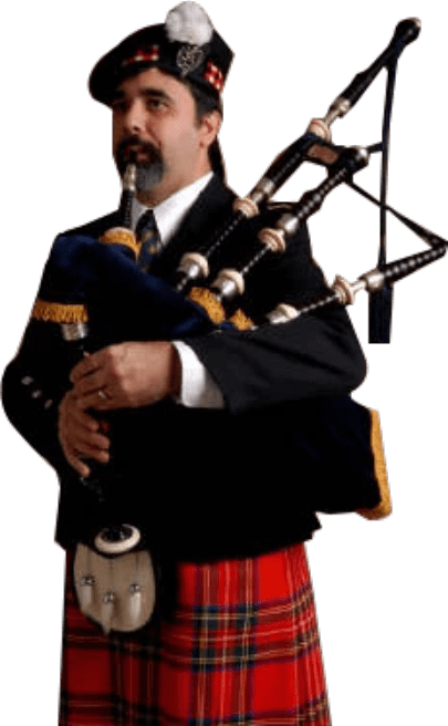 A man in uniform playing bagpipes on a green background