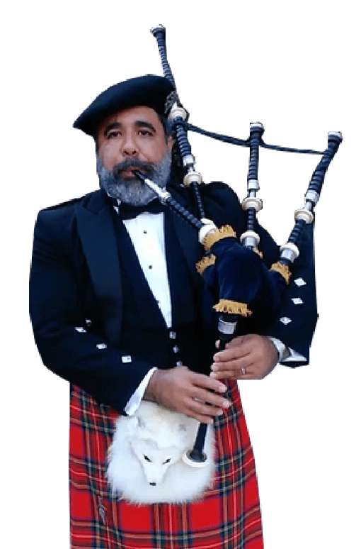 A man in a tuxedo playing the bagpipes